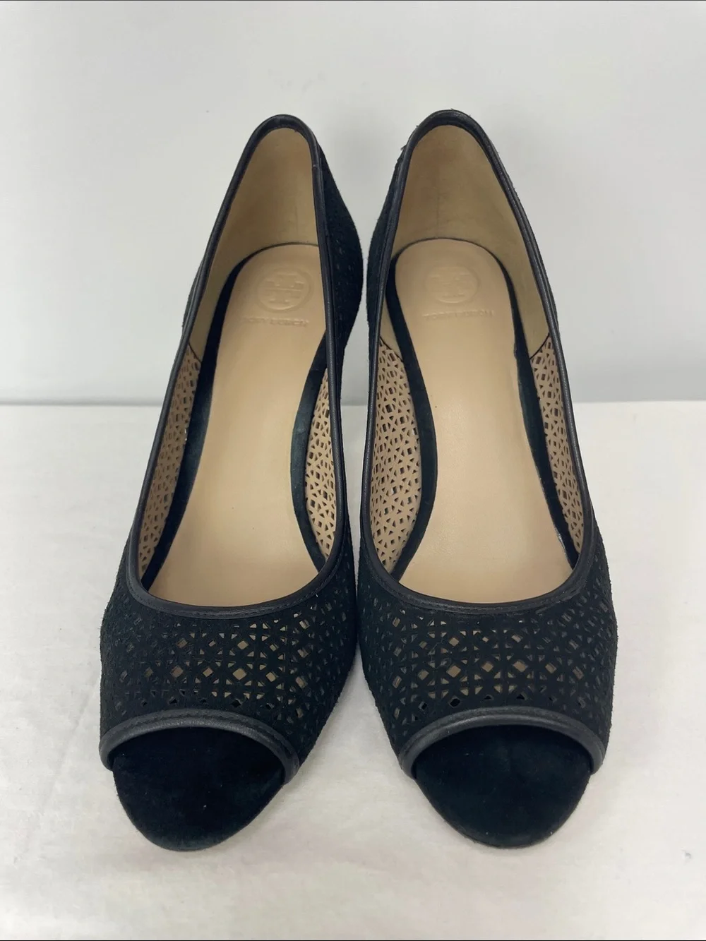 Tory Burch Black Laser-Cut Peep-Toe Pumps, Size 8.5